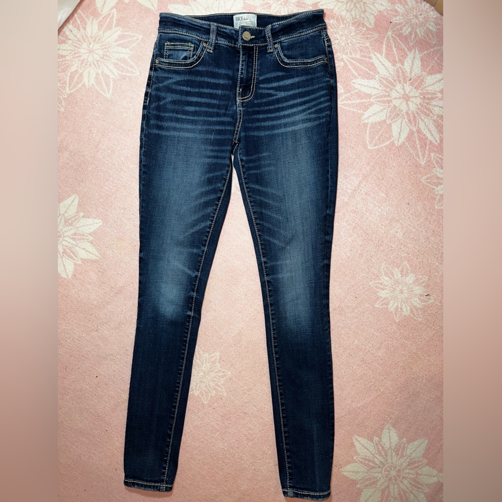 Bke Gabby Skinny Jeans Women’s Size 25r Dark Wash Distressed Fade